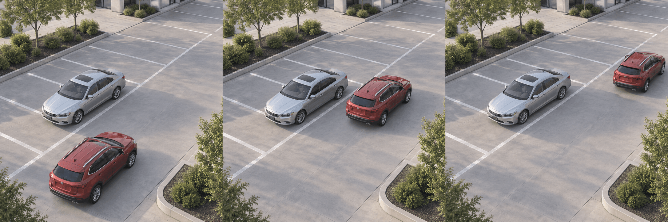 Illustrative parking-lot sequence with a red SUV and a parked silver car